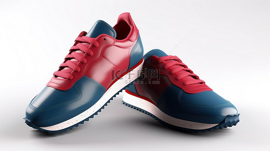 时尚时尚的 3D 渲染泡沫底红色和蓝色运动鞋，白色背景上有闭合