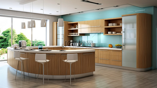白色窗户背景图片_带岛木柜和玻璃台面的厨房的 3D 插图