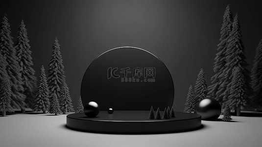 促销活动圣诞海报背景图片_光滑的黑色圣诞产品展示促销横幅 3D 渲染