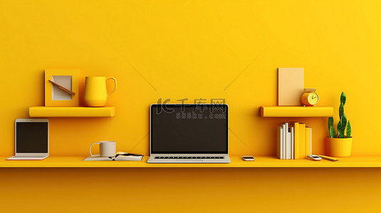 3D 插图中黄色墙架笔记本电脑手机和平板电脑上显示的数字设备