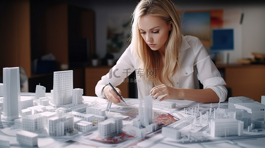 一位白人女建筑师在一组 3D 建筑模型中研究蓝图
