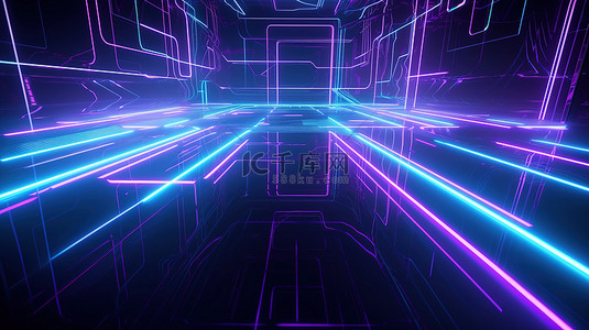 紫色和蓝色未来主义 3D 插图中的抽象霓虹灯背景