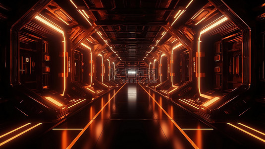 科幻插图霓虹灯发光橙色黑色背景 3d 飞船走廊渲染