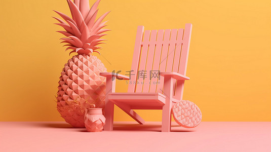 菠萝海背景图片_黄色背景，纸菠萝放在 3D 渲染的粉红色沙滩椅上