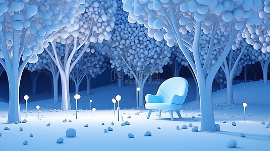 冬季自然概念抽象卡通风格3D 渲染蓝色场景与公园的椅子和灯