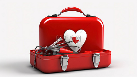 心脏输血背景图片_白色背景下孤立心脏和急救箱的 3D 插图
