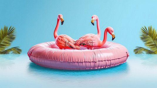 夏泳池背景图片_夏季度假的 3D 插图，火烈鸟漂浮和棕榈树提供复制空间