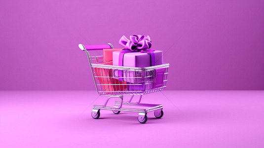 京东大促标签背景图片_充满活力的 3D 渲染粉色购物车，配有礼物和丝带
