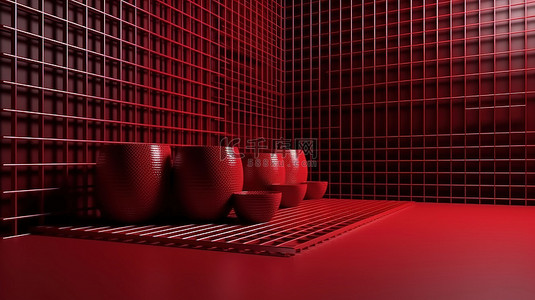 红色网格背景图片_通过 3D 渲染描绘的红色网格几何设计中的产品展台