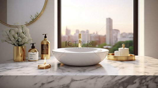 浴室环境中的大理石桌面，带有模型空间和模糊背景 3D 渲染图像