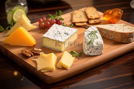板上不同类型的食物面包和奶酪