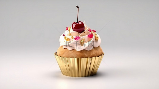 白色背景的 3D 渲染，展示纸杯蛋糕形状的金色圣代，上面有樱桃
