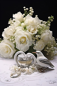 爱带回家背景图片_带白花羽毛和戒指的婚礼日卡