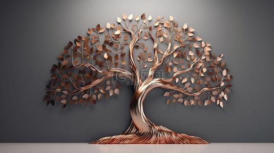 树抽象背景图片_灰色墙壁的 3D 渲染，以铜和金的抽象树为特色