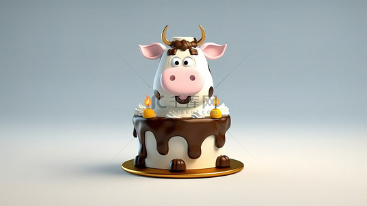 拿着蛋糕的牛吉祥物的 3d 渲染