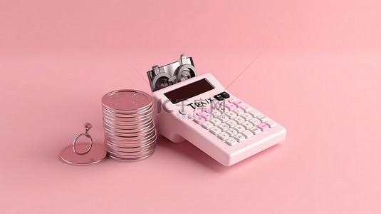 带硬币和计算器的剪贴板是投资储蓄和金融的象征，在 3D 渲染的粉红色背景上