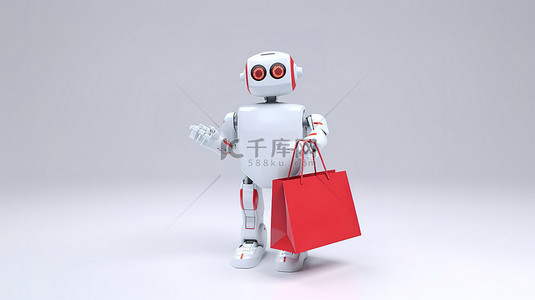 可爱的机器人背景图片_可爱的 ai 机器人在白色背景下的 3d 渲染中拿着一个红色购物袋