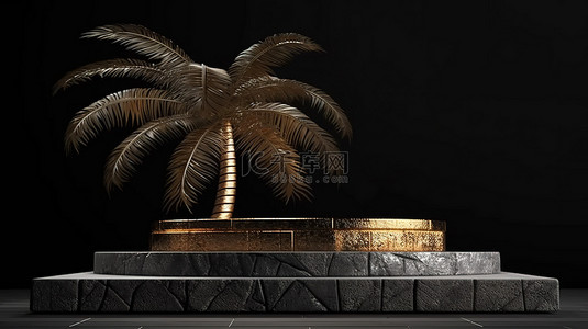 几何产品背景图片_深色背景 3D 渲染上带有金色棕榈的高架石讲台