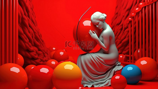 艺术家背景图片_深红色背景 3D 设计中充满活力的球中美丽的竖琴手和迷人的丘比特