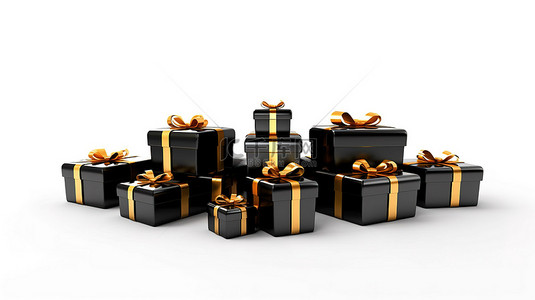 购物装饰背景图片_闪闪发光的黑色礼品盒，装饰着金色丝带和白色背景上的圣诞老人帽子，巧妙地以 3D 渲染