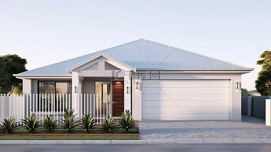 车库出售背景图片_当代澳大利亚住宅，配有灰色背景的附加车库，非常适合房地产和房地产投资 3D 插图