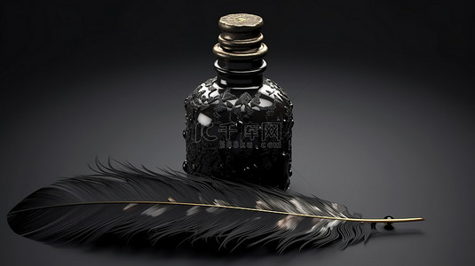 羽毛笔背景图片_带有 alpha 通道的羽毛和墨水瓶的 3d 渲染