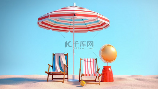 充满活力的夏季海滩场景的 3D 渲染，配有沙滩椅遮阳伞和色彩缤纷的元素