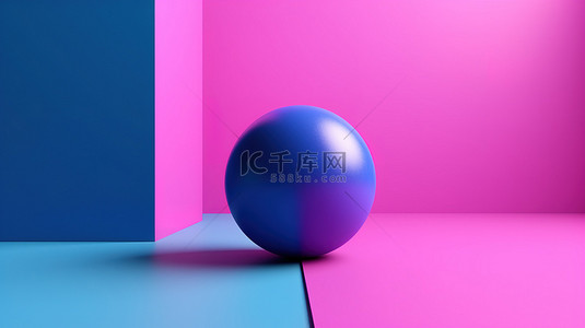 抽象简约 3D 渲染超现实几何概念，蓝色腿和粉红色背景上的紫色球