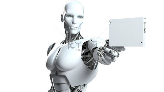 一个未来派的机器人手在 3D 渲染中抓住白色背景下的空白名片
