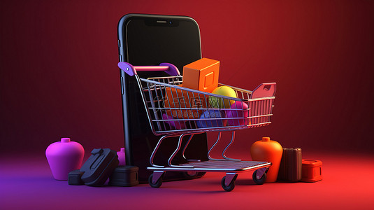 手机传单背景图片_使用智能手机和购物车引人注目的横幅进行促销广告销售或产品 3D 插图，增强您的黑色星期五购物体验
