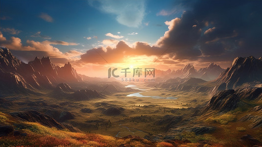 背景夕阳背景图片_风景秀丽的山谷中的灿烂阳光 3D 渲染背景