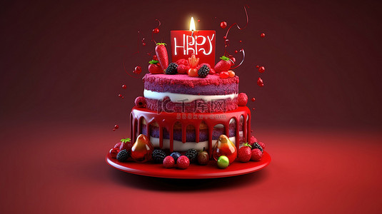 甜点背景图片_3D 生日快乐蛋糕，采用令人惊叹的红色设计