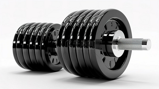 健身和运动器材 3D 插图黑色金属哑铃，白色背景上有重量板