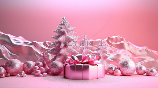 玫瑰礼盒背景图片_3D粉色和金色金属丝带礼盒，带抽象弓星树驯鹿雪和糖果