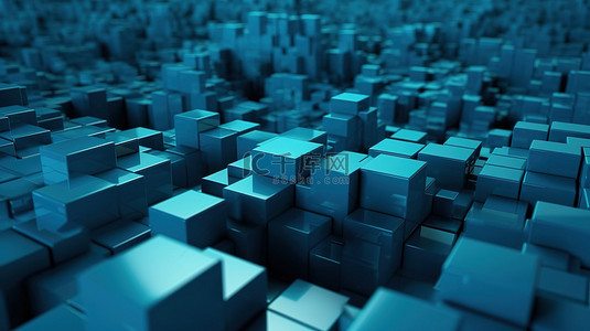 光效粒子科技背景图片_各种形状的蓝色立方体图案的简约对称创意 3D 渲染
