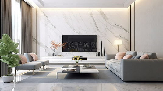 大理石墙样机背景图片_现代客厅中的豪华电视柜和大理石墙以 3D 渲染