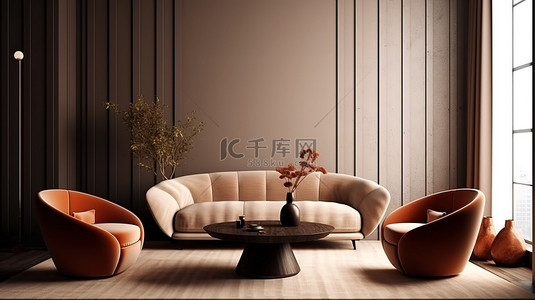 别致的客厅金属咖啡桌和柔软的扶手椅的 3D 渲染，扶手椅配有靠垫，靠在白色和棕色的墙壁上