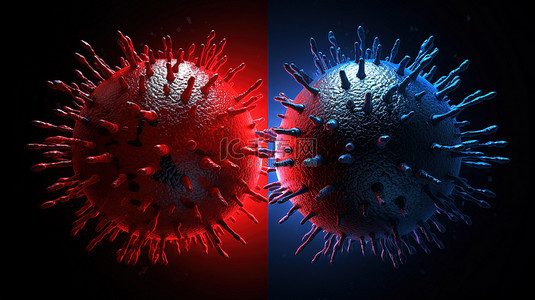 黑色背景上红色和蓝色病毒的 3D 渲染