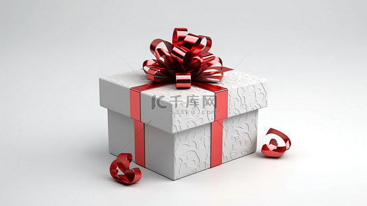白色礼品盒的 3D 孤立插图，用红色蝴蝶结和白色背景上的问号打开