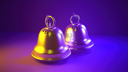 黄色通知铃声在紫色背景上的 3D 插图中响起，并带有一个新通知