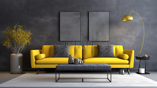 现代客厅的 3D 渲染，配有黄色和灰色口音和两张沙发
