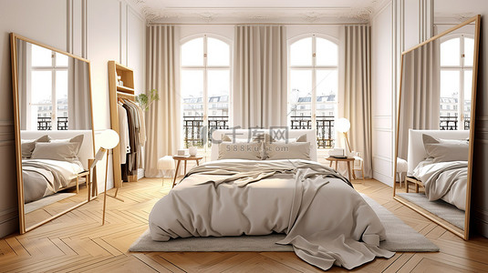 当代巴黎卧室，配有白色床米色毯子镜面墙和木地板，令人惊叹的 3D 渲染