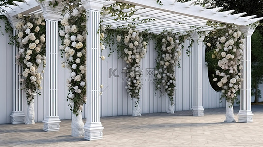 巨大的花背景图片_用令人惊叹的 3D 渲染装饰着鲜花的木制凉棚