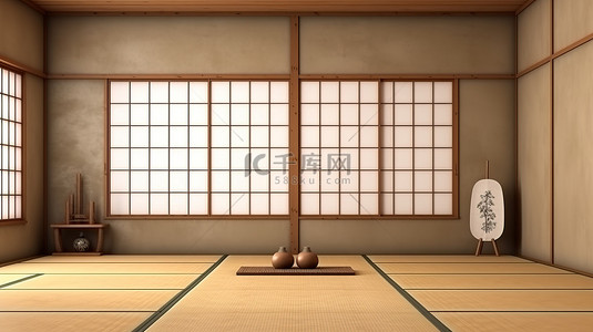 令人惊叹的 3D 渲染日式房间，榻榻米地板上有一面空白墙