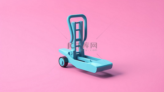 粉色背景 3D 渲染蓝色手动托盘车叉车，采用双色调设计