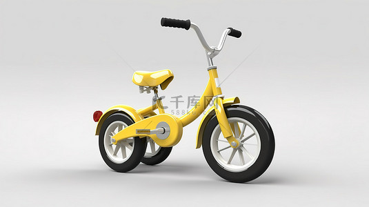电动三轮车广告背景图片_白色背景下儿童模型三轮自行车的独立 3D 渲染