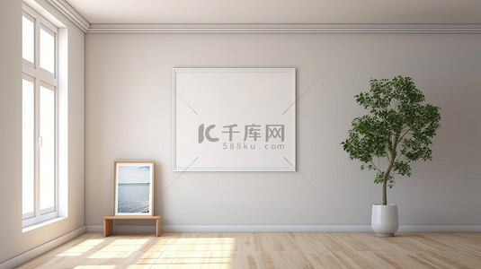 模板空白背景图片_带有用于样机的空白框架的房间的 3D 渲染
