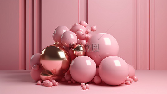 柔和的生日问候 3d 呈现粉红色气球柔和的色调和粉红色背景上的金色点缀