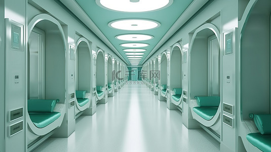 虚拟世界概念未来医院走廊的 3D 渲染