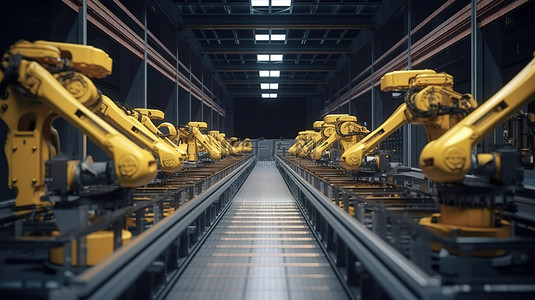 带有机器人和 3D 渲染机器人手臂的工厂输送线